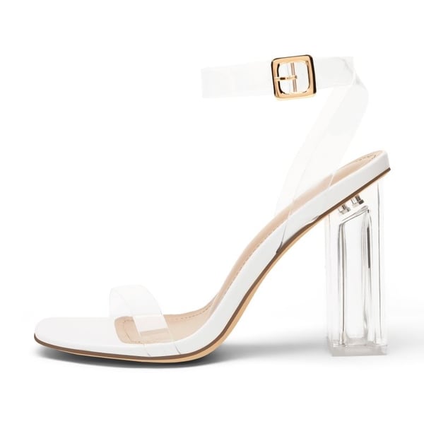 Square Toe Clear Chunky Heel Sandals - WHITE CLEAR - 3